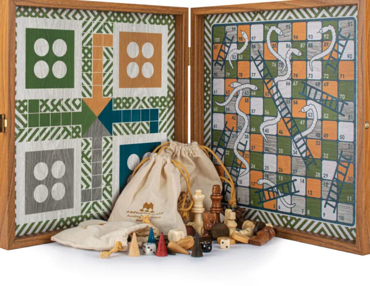 Kinder MANOPOULOS Spiele Für Erwachsene|Spiele Für Kinder<4-in-1 Retro Kombi-Spiel-Set aus Walnuss-Holz