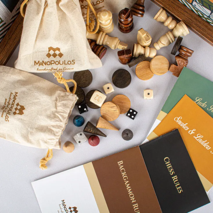 Kinder MANOPOULOS Spiele Für Erwachsene|Spiele Für Kinder<4-in-1 Retro Kombi-Spiel-Set aus Walnuss-Holz